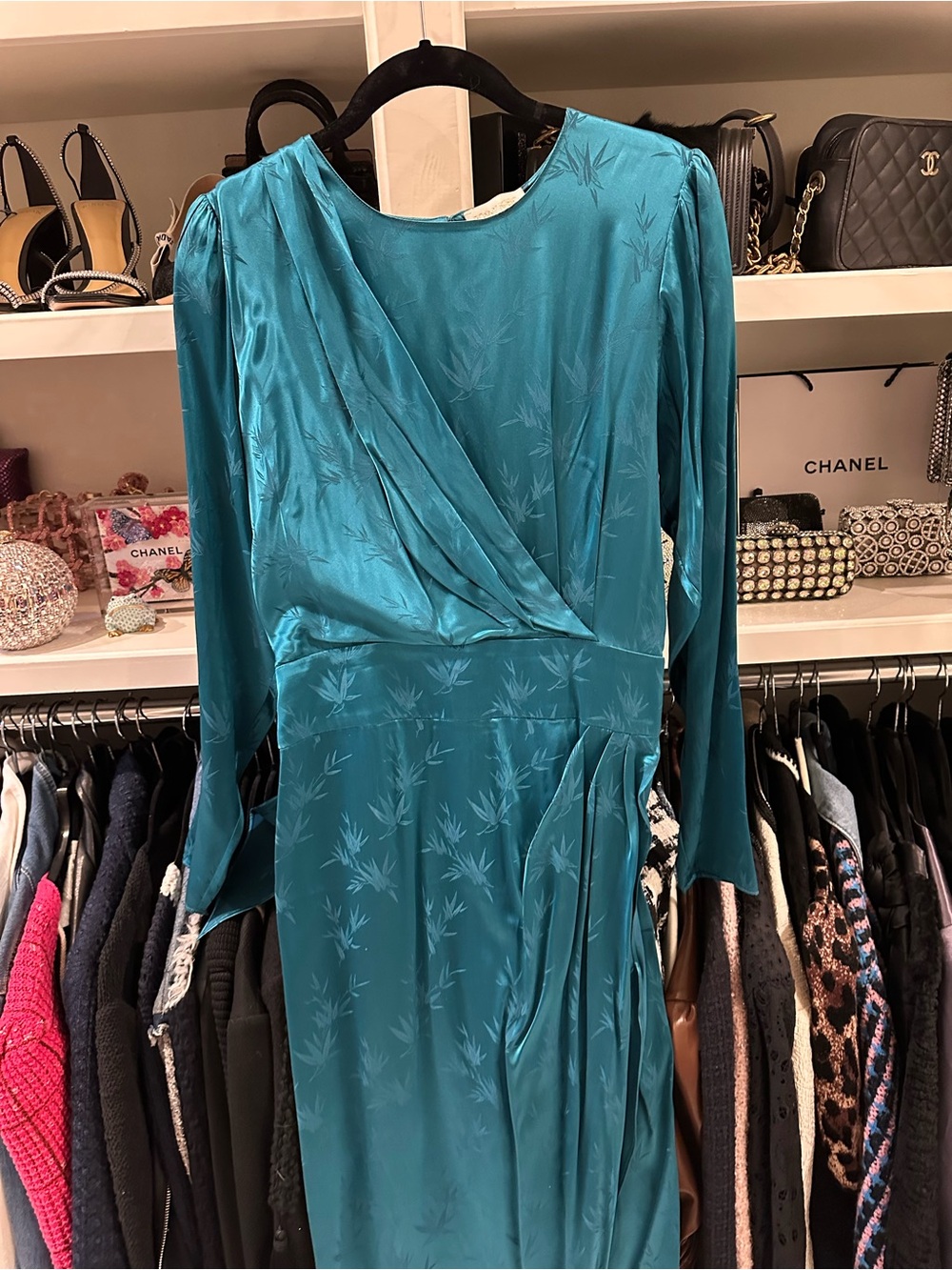 Ronny Kobo Collection Teal Satin Long-Sleeve Wrap Dress
